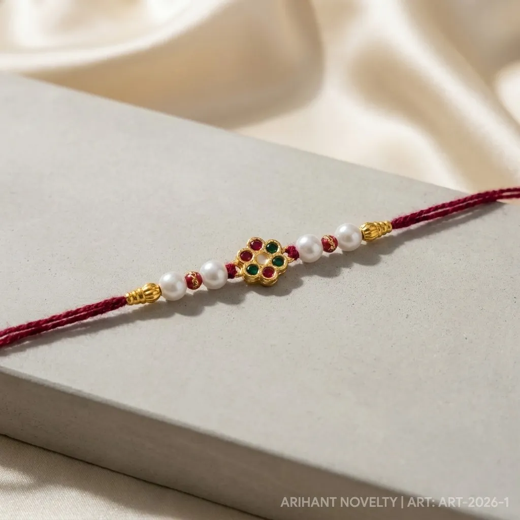 Ruby & Emerald Kundan Flower – handmade Kundan rakhi from Bikaner by Arihant Novelty
