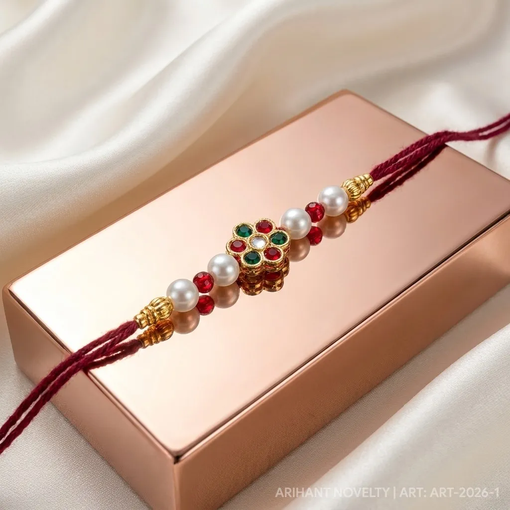 Ruby & Emerald Kundan Flower – handmade Kundan rakhi from Bikaner by Arihant Novelty