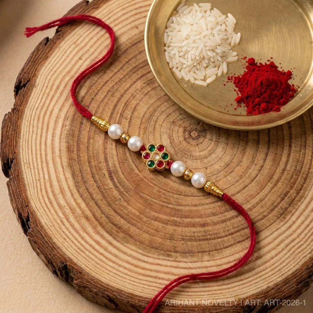 Ruby & Emerald Kundan Flower – handmade Kundan rakhi from Bikaner by Arihant Novelty