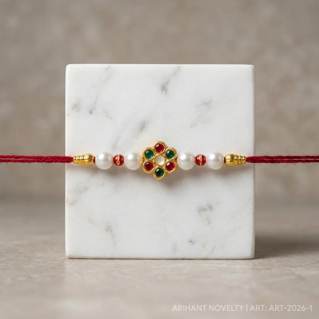 Ruby & Emerald Kundan Flower – handmade Kundan rakhi from Bikaner by Arihant Novelty