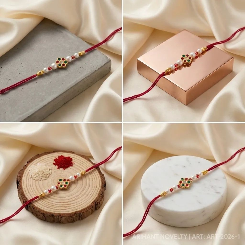 Ruby & Emerald Kundan Flower – handmade Kundan rakhi from Bikaner by Arihant Novelty