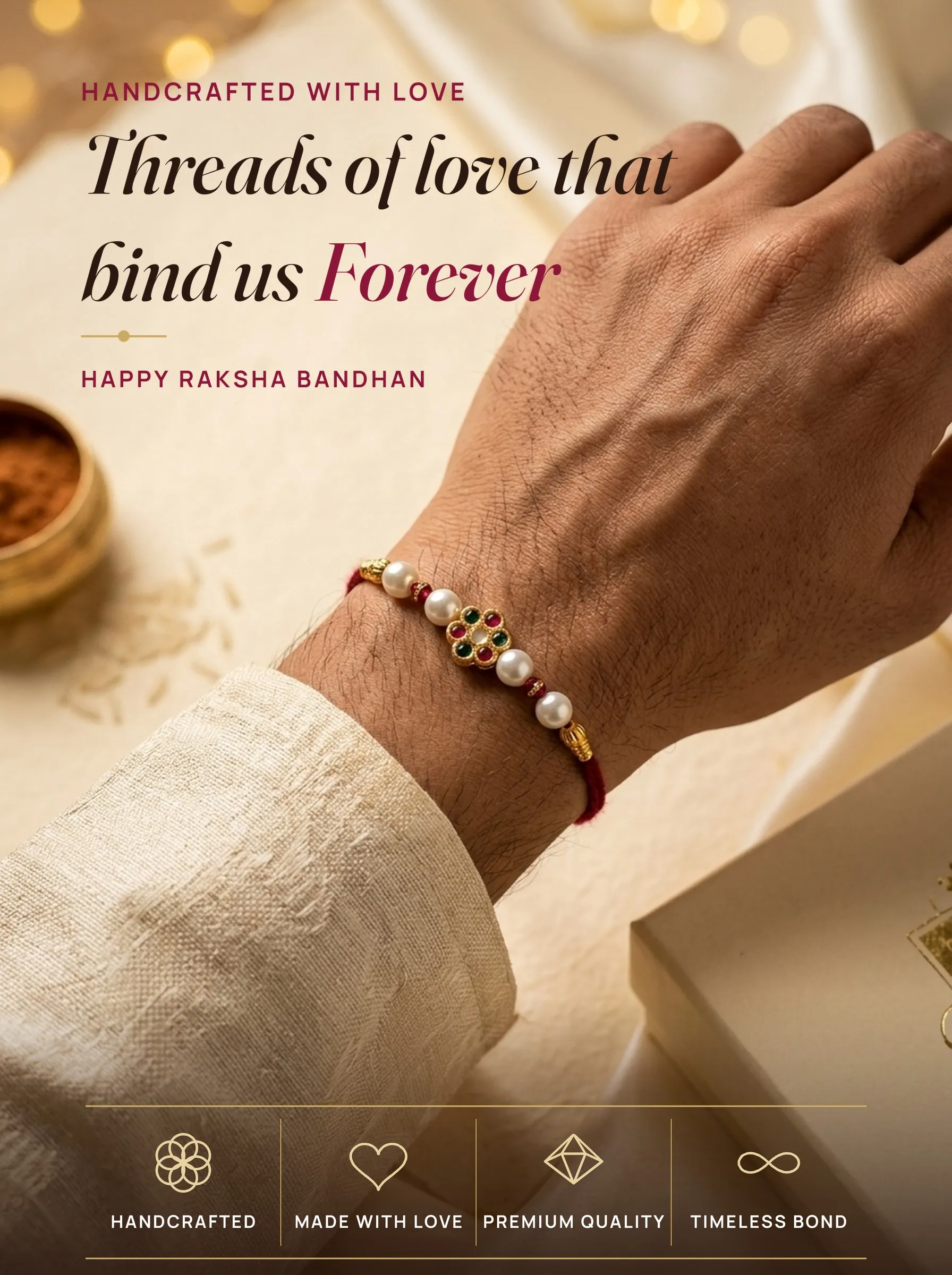 Ruby & Emerald Kundan Flower – handmade Kundan rakhi from Bikaner by Arihant Novelty