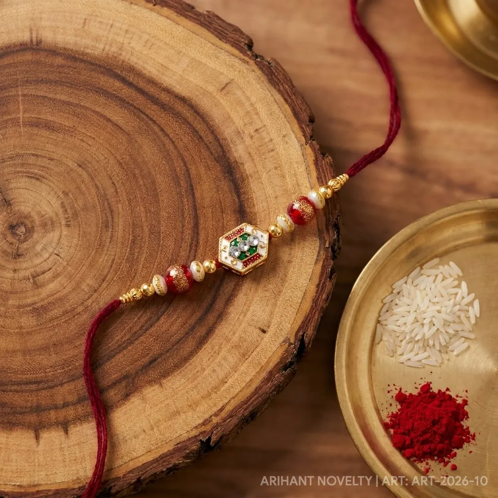 Festive Meenakari Hexagon – handmade Meenakari rakhi from Bikaner by Arihant Novelty