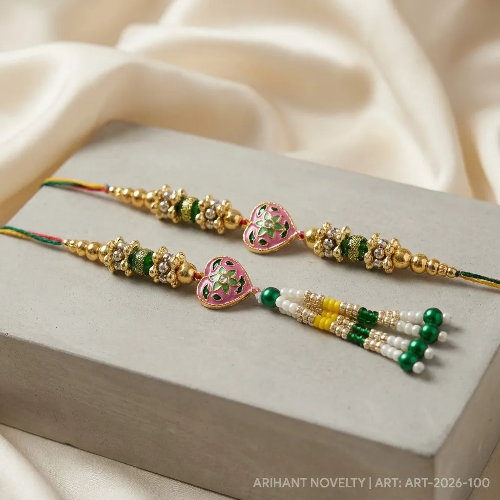 Pink Heart Meenakari Bhaiya-Bhabhi Set – handmade Bhaiya-Bhabhi Set rakhi from Bikaner by Arihant Novelty
