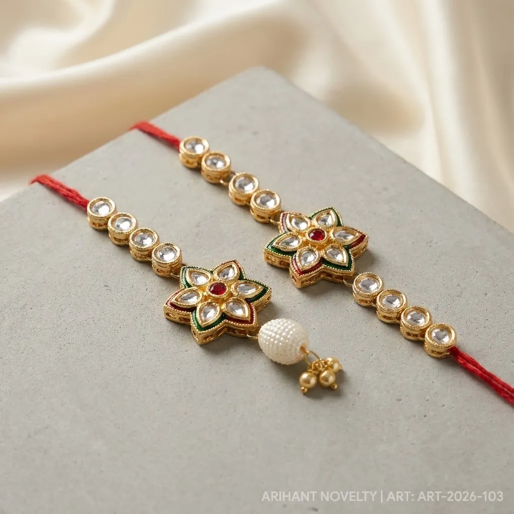 Kundan Star Lumba Bhaiya-Bhabhi Set – handmade Bhaiya-Bhabhi Set rakhi from Bikaner by Arihant Novelty