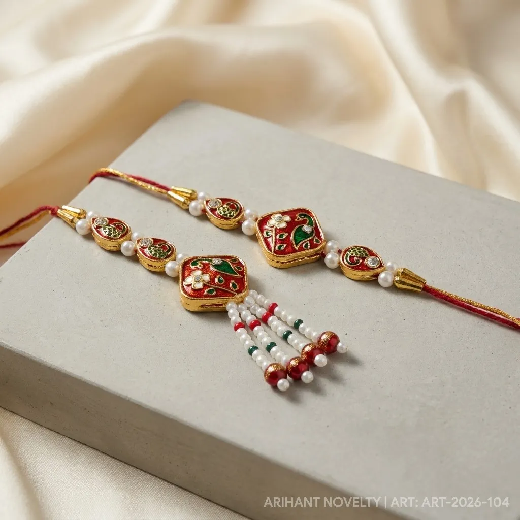 Red Meenakari Diamond Bhaiya-Bhabhi Set – handmade Bhaiya-Bhabhi Set rakhi from Bikaner by Arihant Novelty