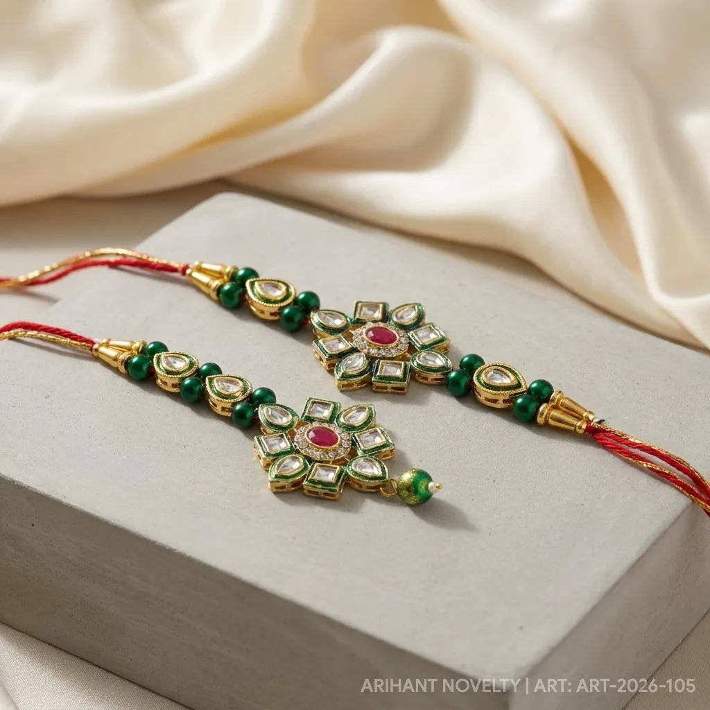 Green Kundan Flower Bhaiya-Bhabhi Set – handmade Bhaiya-Bhabhi Set rakhi from Bikaner by Arihant Novelty