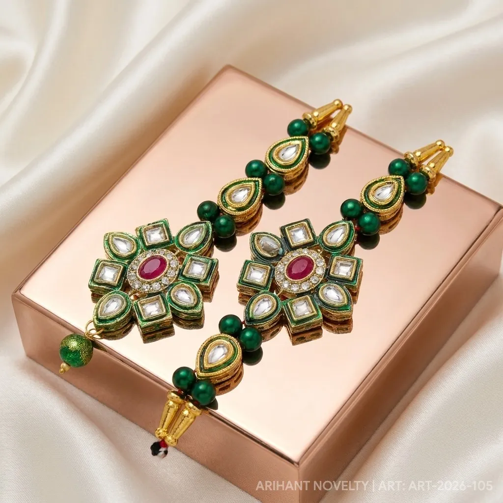 Green Kundan Flower Bhaiya-Bhabhi Set view 2