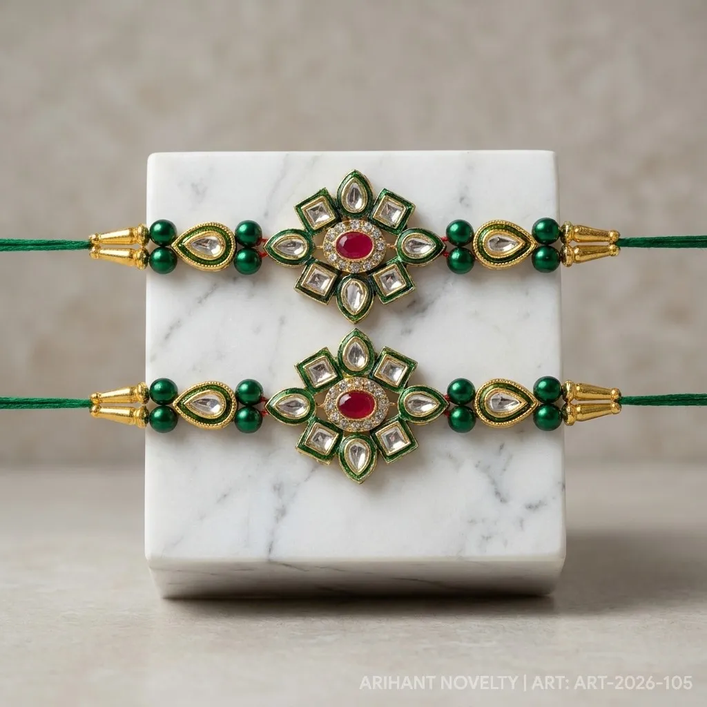 Green Kundan Flower Bhaiya-Bhabhi Set view 4