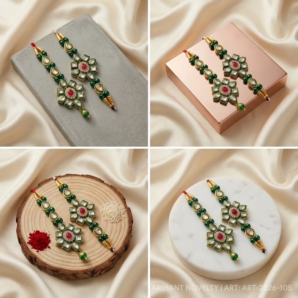 Green Kundan Flower Bhaiya-Bhabhi Set view 5