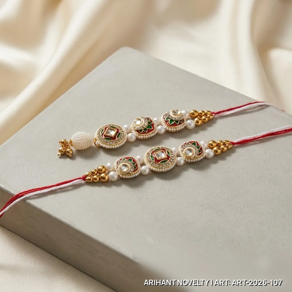 Red-Green Kundan Bhaiya-Bhabhi Set – handmade Bhaiya-Bhabhi Set rakhi from Bikaner by Arihant Novelty