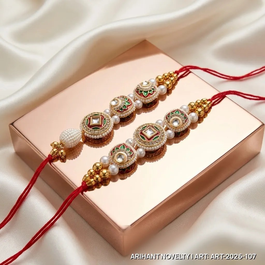 Red-Green Kundan Bhaiya-Bhabhi Set – handmade Bhaiya-Bhabhi Set rakhi from Bikaner by Arihant Novelty