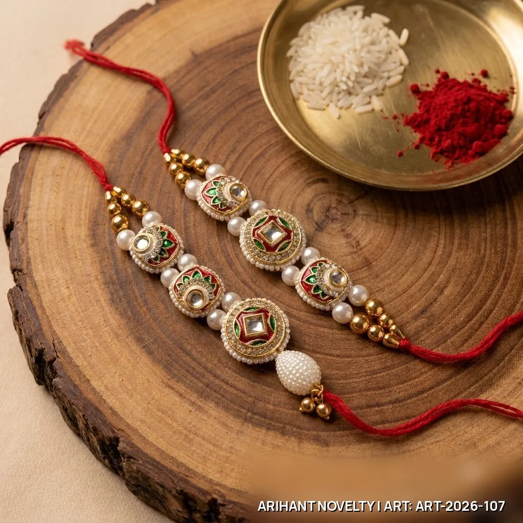 Red-Green Kundan Bhaiya-Bhabhi Set – handmade Bhaiya-Bhabhi Set rakhi from Bikaner by Arihant Novelty
