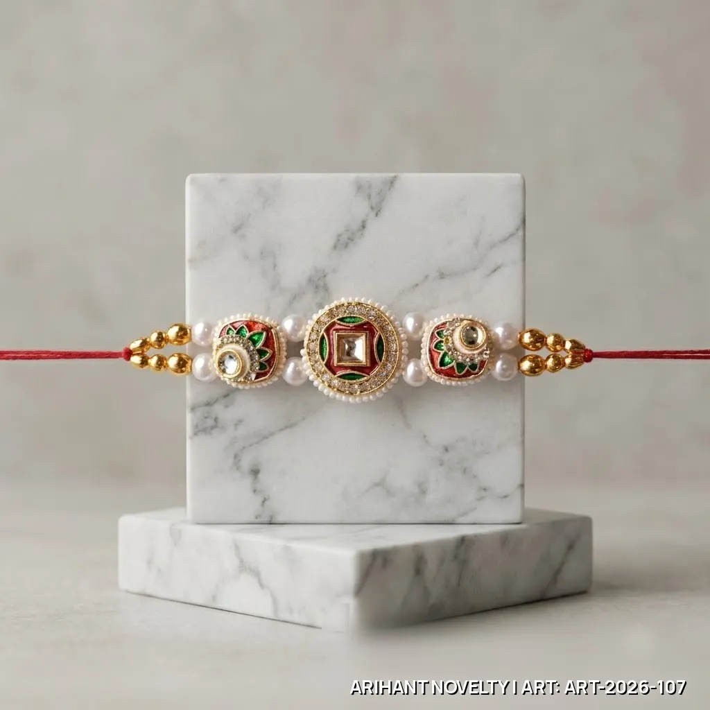 Red-Green Kundan Bhaiya-Bhabhi Set – handmade Bhaiya-Bhabhi Set rakhi from Bikaner by Arihant Novelty