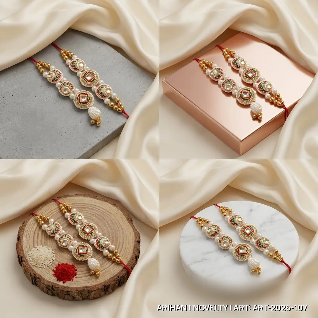 Red-Green Kundan Bhaiya-Bhabhi Set – handmade Bhaiya-Bhabhi Set rakhi from Bikaner by Arihant Novelty