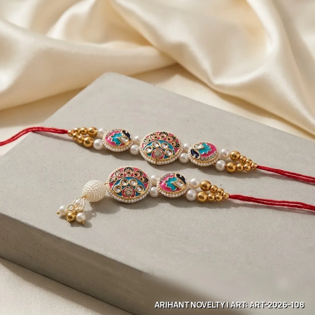 Pink-Teal Meenakari Bhaiya-Bhabhi Set – handmade Bhaiya-Bhabhi Set rakhi from Bikaner by Arihant Novelty