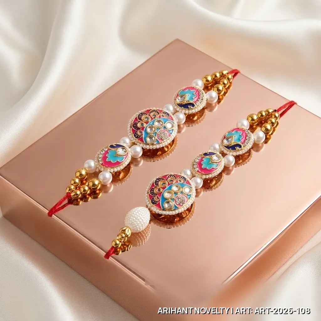 Pink-Teal Meenakari Bhaiya-Bhabhi Set – handmade Bhaiya-Bhabhi Set rakhi from Bikaner by Arihant Novelty