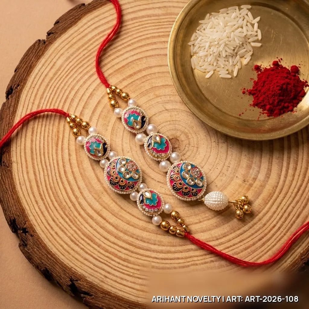 Pink-Teal Meenakari Bhaiya-Bhabhi Set – handmade Bhaiya-Bhabhi Set rakhi from Bikaner by Arihant Novelty