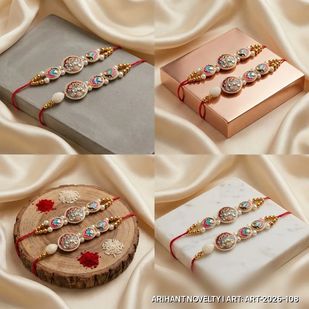 Pink-Teal Meenakari Bhaiya-Bhabhi Set – handmade Bhaiya-Bhabhi Set rakhi from Bikaner by Arihant Novelty