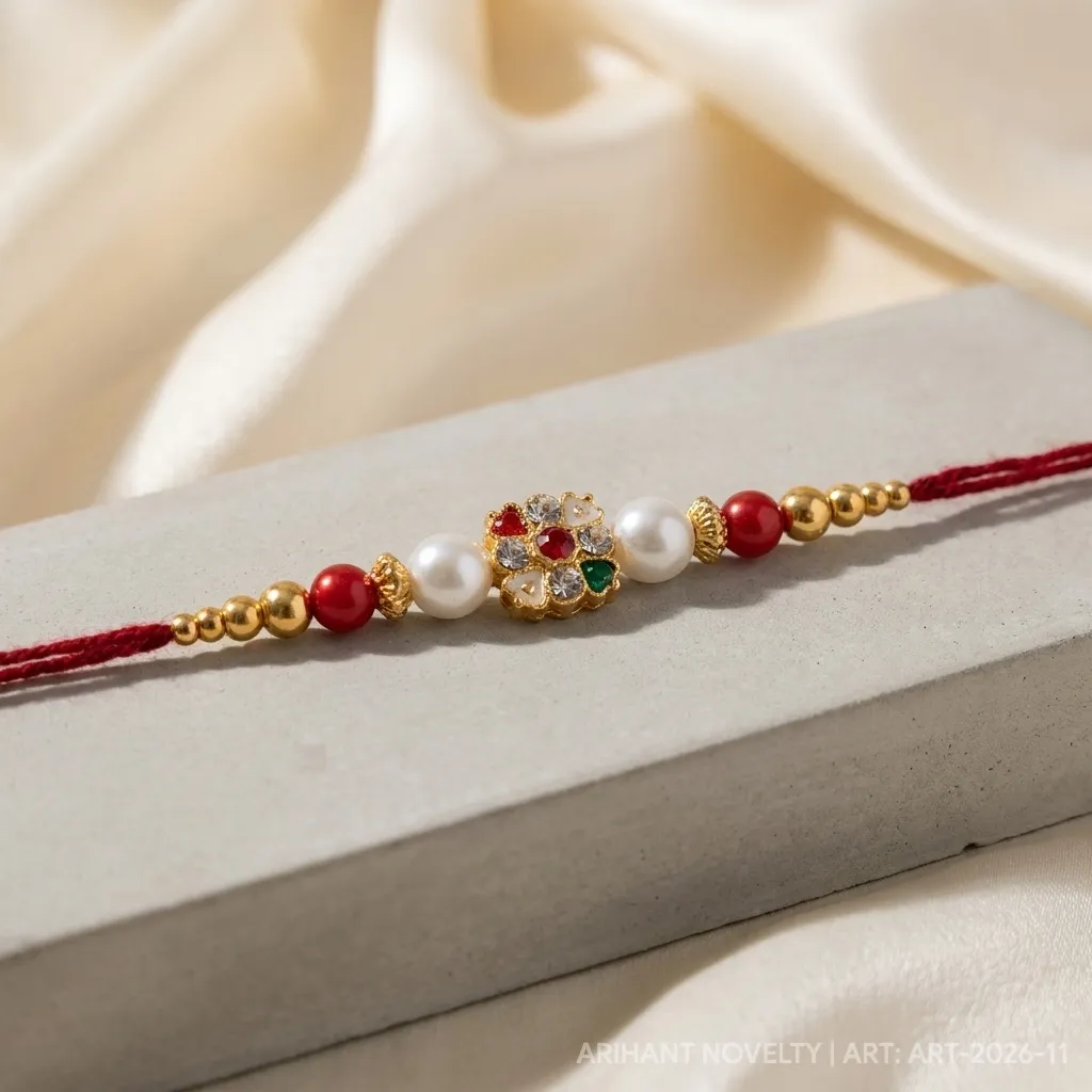 Kundan Flower with Heart Petals – handmade Kundan rakhi from Bikaner by Arihant Novelty