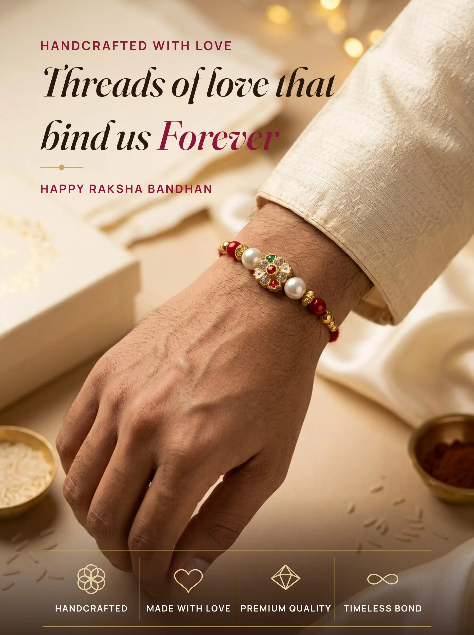 Kundan Flower with Heart Petals – handmade Kundan rakhi from Bikaner by Arihant Novelty