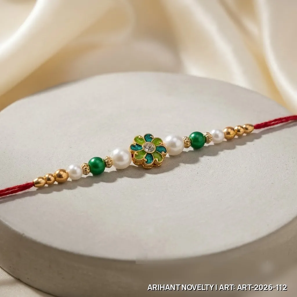 Green Meenakari Flower Pearl Rakhi – handmade Meenakari rakhi from Bikaner by Arihant Novelty