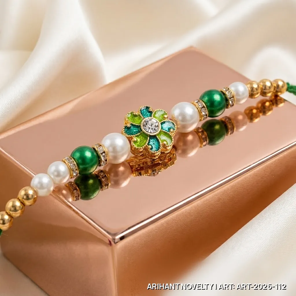 Green Meenakari Flower Pearl Rakhi – handmade Meenakari rakhi from Bikaner by Arihant Novelty