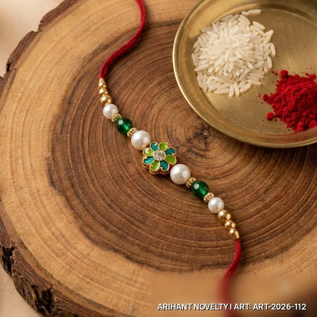 Green Meenakari Flower Pearl Rakhi – handmade Meenakari rakhi from Bikaner by Arihant Novelty