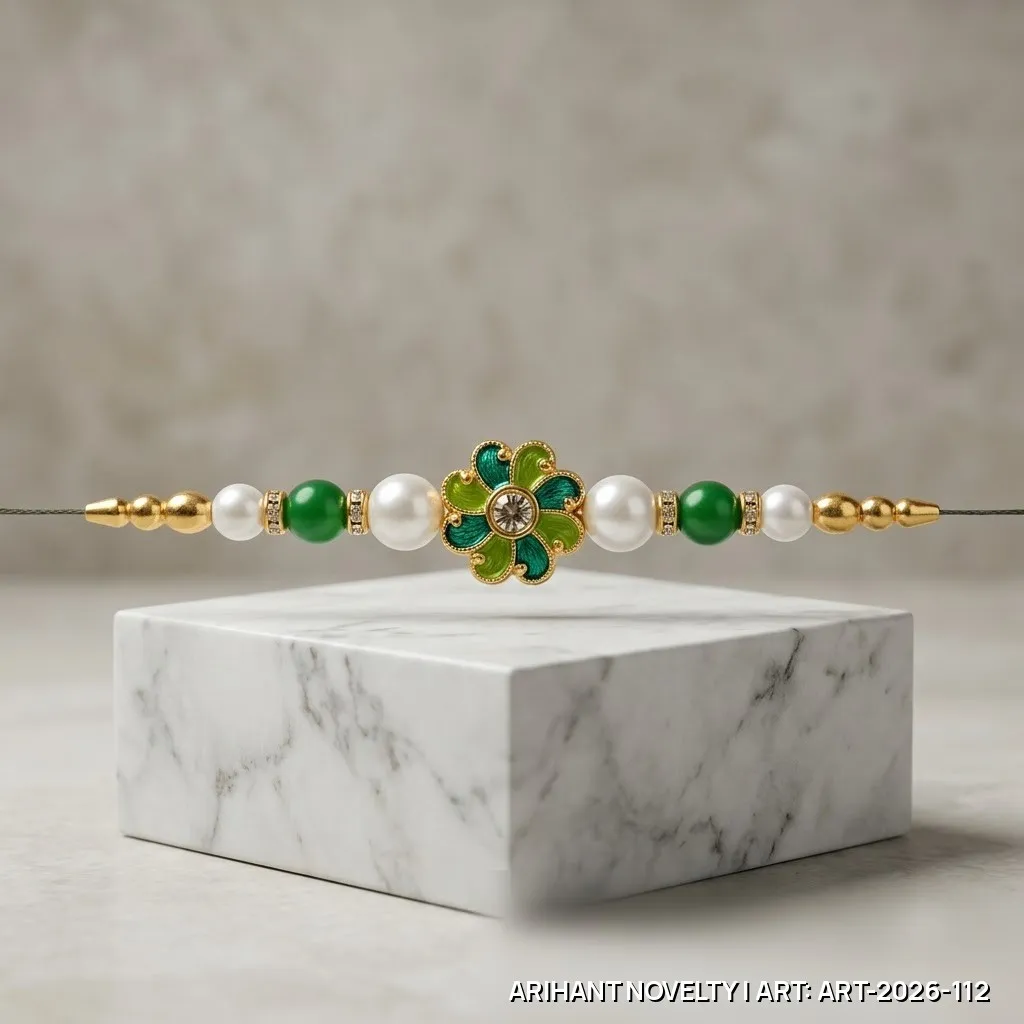 Green Meenakari Flower Pearl Rakhi – handmade Meenakari rakhi from Bikaner by Arihant Novelty