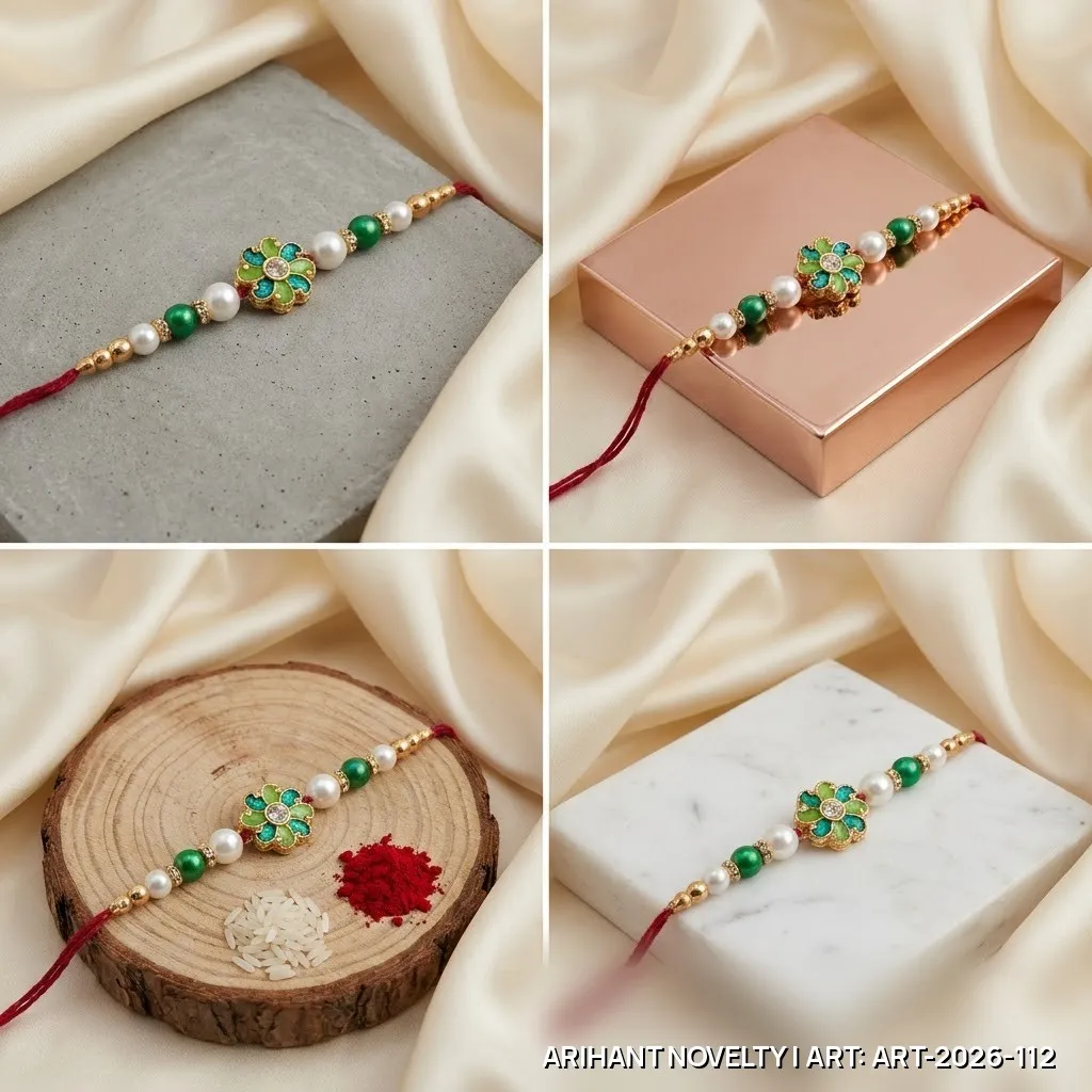 Green Meenakari Flower Pearl Rakhi – handmade Meenakari rakhi from Bikaner by Arihant Novelty