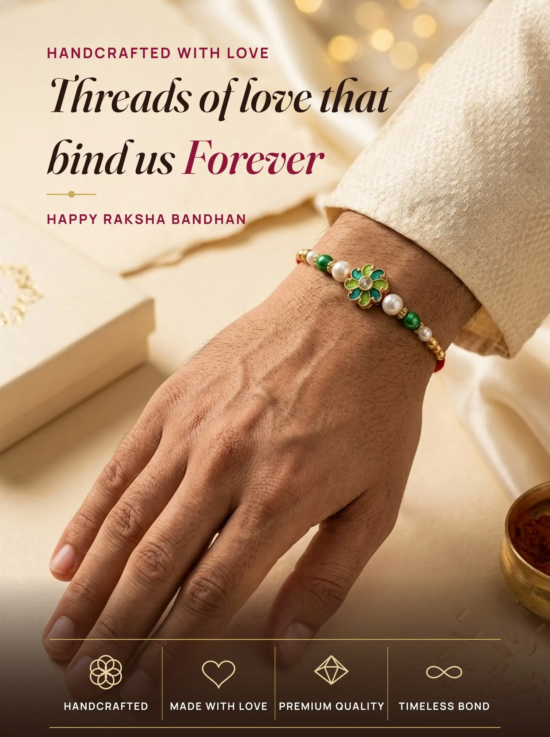 Green Meenakari Flower Pearl Rakhi – handmade Meenakari rakhi from Bikaner by Arihant Novelty