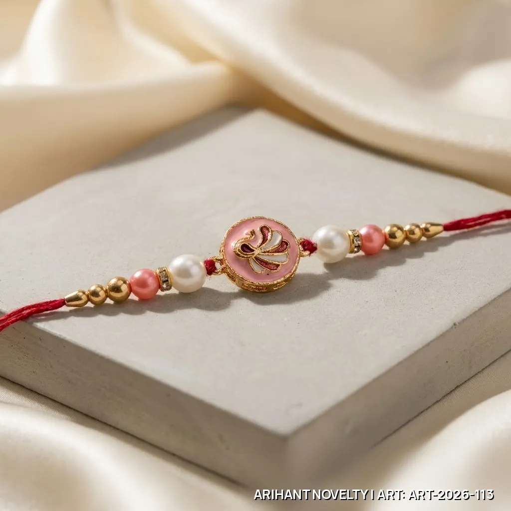 Pink Meenakari Swan Pearl Rakhi – handmade Meenakari rakhi from Bikaner by Arihant Novelty