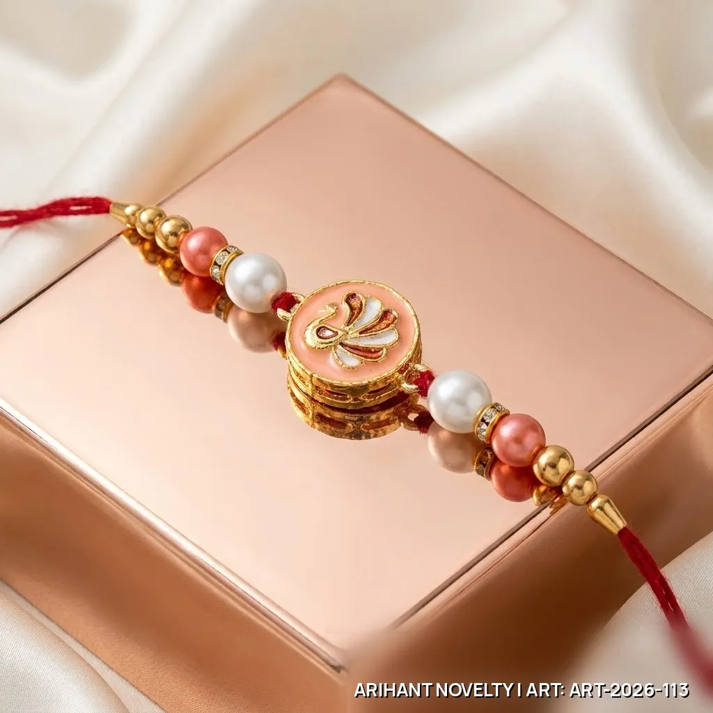 Pink Meenakari Swan Pearl Rakhi – handmade Meenakari rakhi from Bikaner by Arihant Novelty