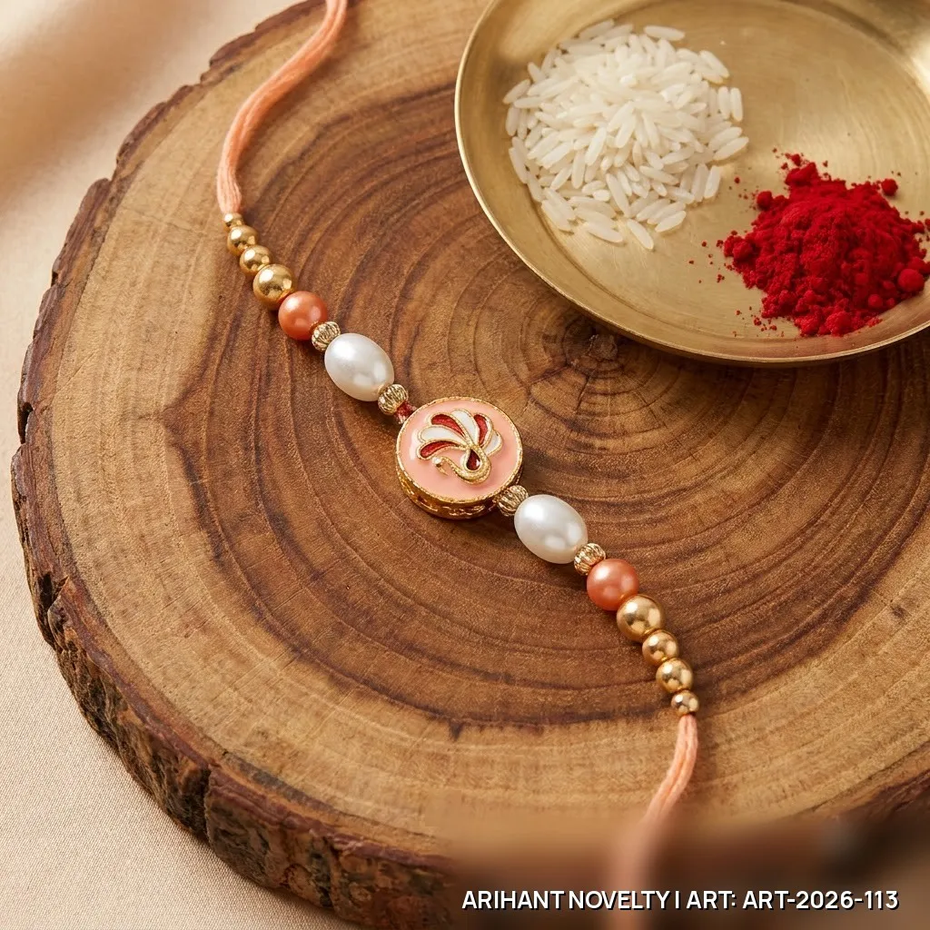 Pink Meenakari Swan Pearl Rakhi – handmade Meenakari rakhi from Bikaner by Arihant Novelty