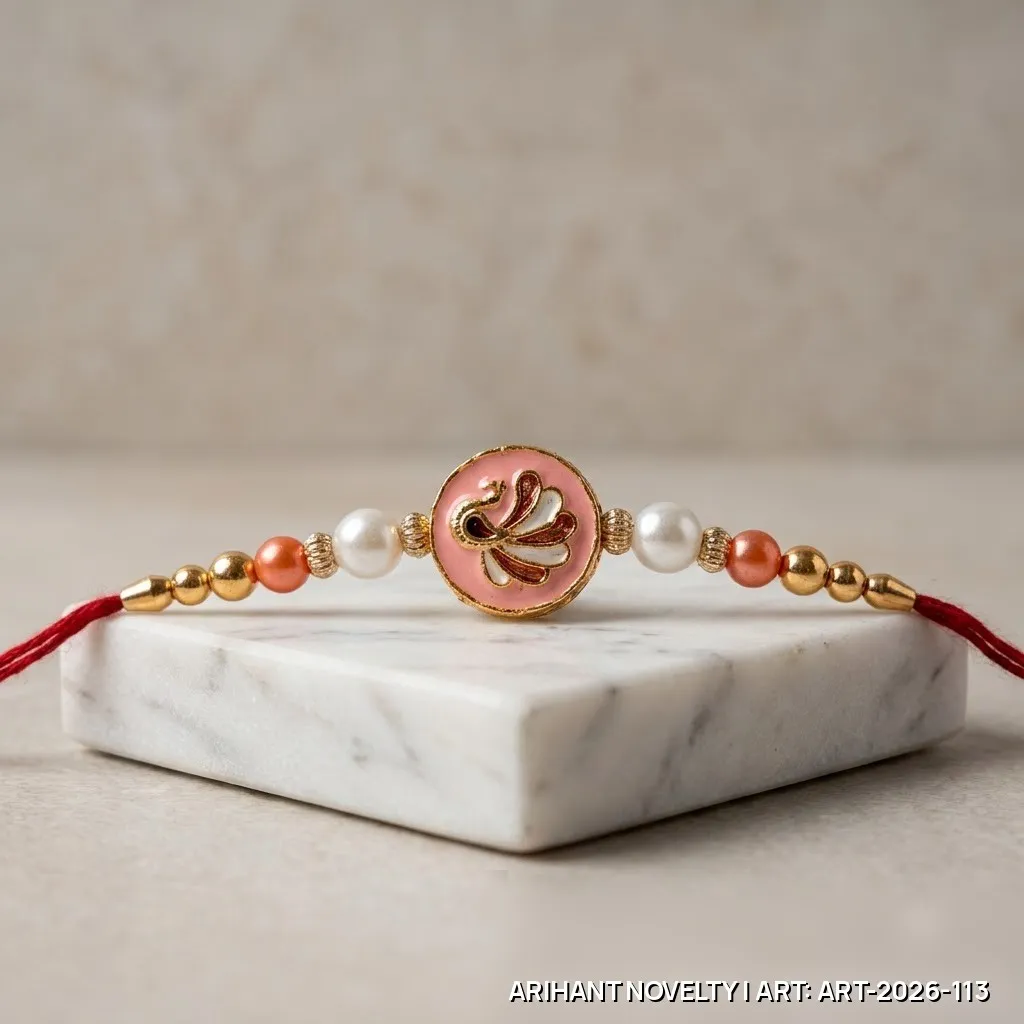 Pink Meenakari Swan Pearl Rakhi – handmade Meenakari rakhi from Bikaner by Arihant Novelty