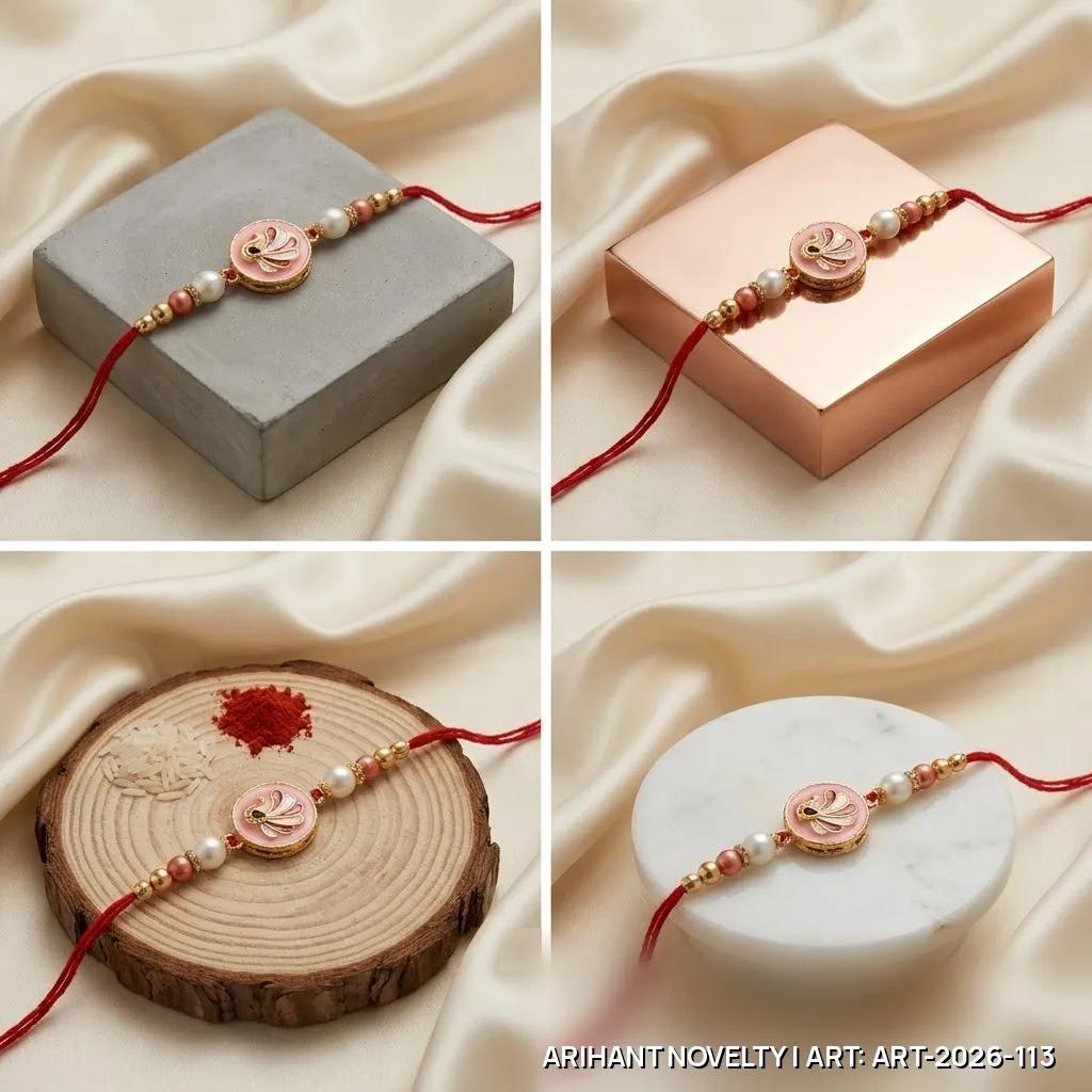 Pink Meenakari Swan Pearl Rakhi – handmade Meenakari rakhi from Bikaner by Arihant Novelty