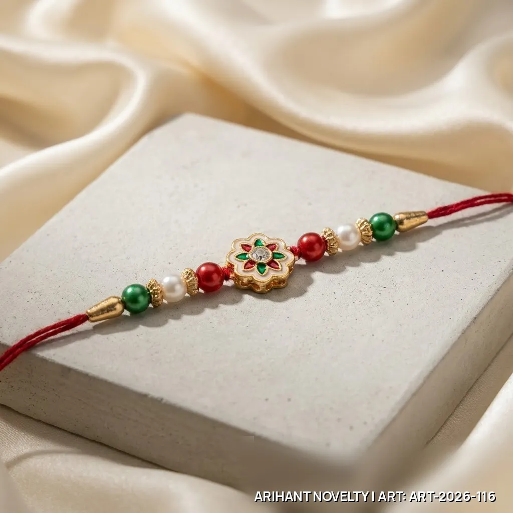 Red-Green Meenakari Flower Rakhi – handmade Meenakari rakhi from Bikaner by Arihant Novelty