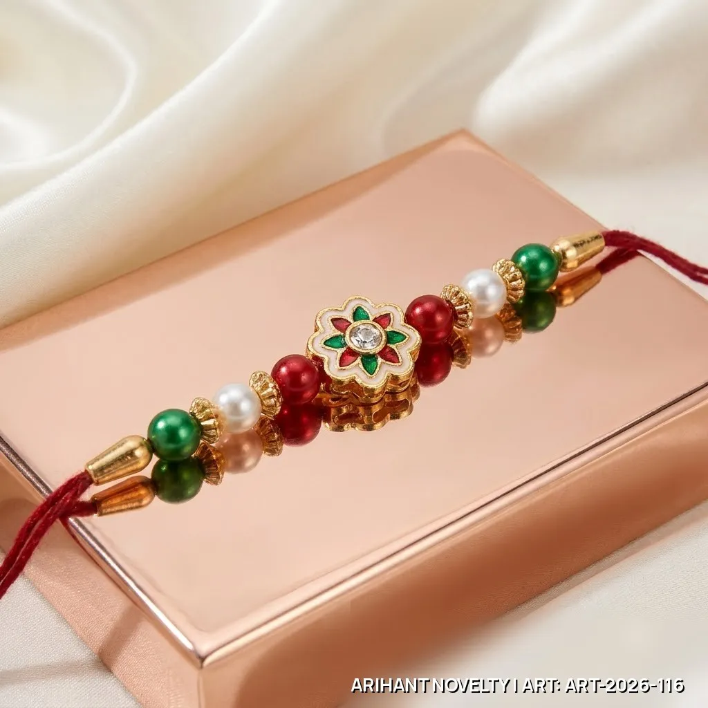Red-Green Meenakari Flower Rakhi – handmade Meenakari rakhi from Bikaner by Arihant Novelty
