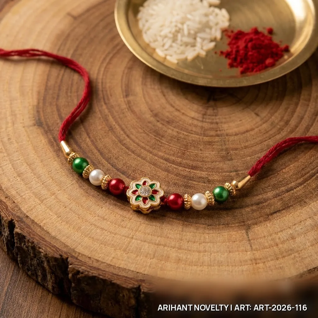 Red-Green Meenakari Flower Rakhi – handmade Meenakari rakhi from Bikaner by Arihant Novelty