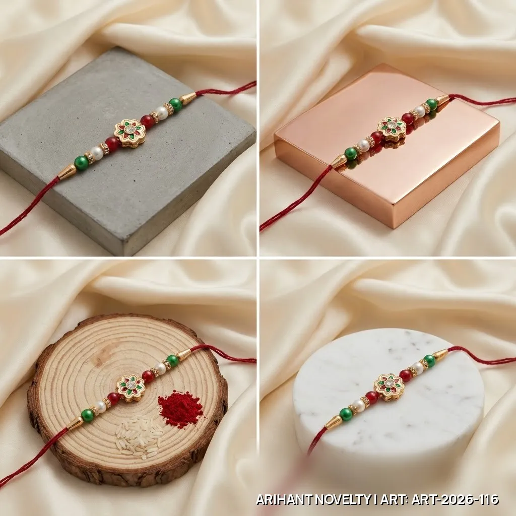 Red-Green Meenakari Flower Rakhi – handmade Meenakari rakhi from Bikaner by Arihant Novelty