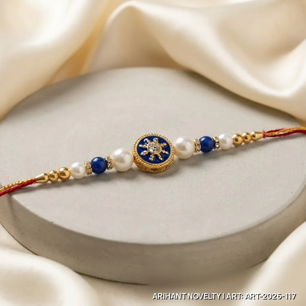 Blue Meenakari Sunburst Pearl Rakhi – handmade Meenakari rakhi from Bikaner by Arihant Novelty