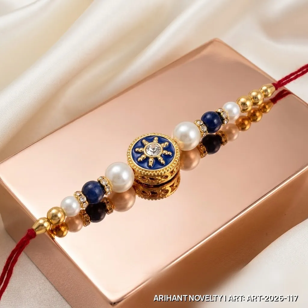Blue Meenakari Sunburst Pearl Rakhi – handmade Meenakari rakhi from Bikaner by Arihant Novelty