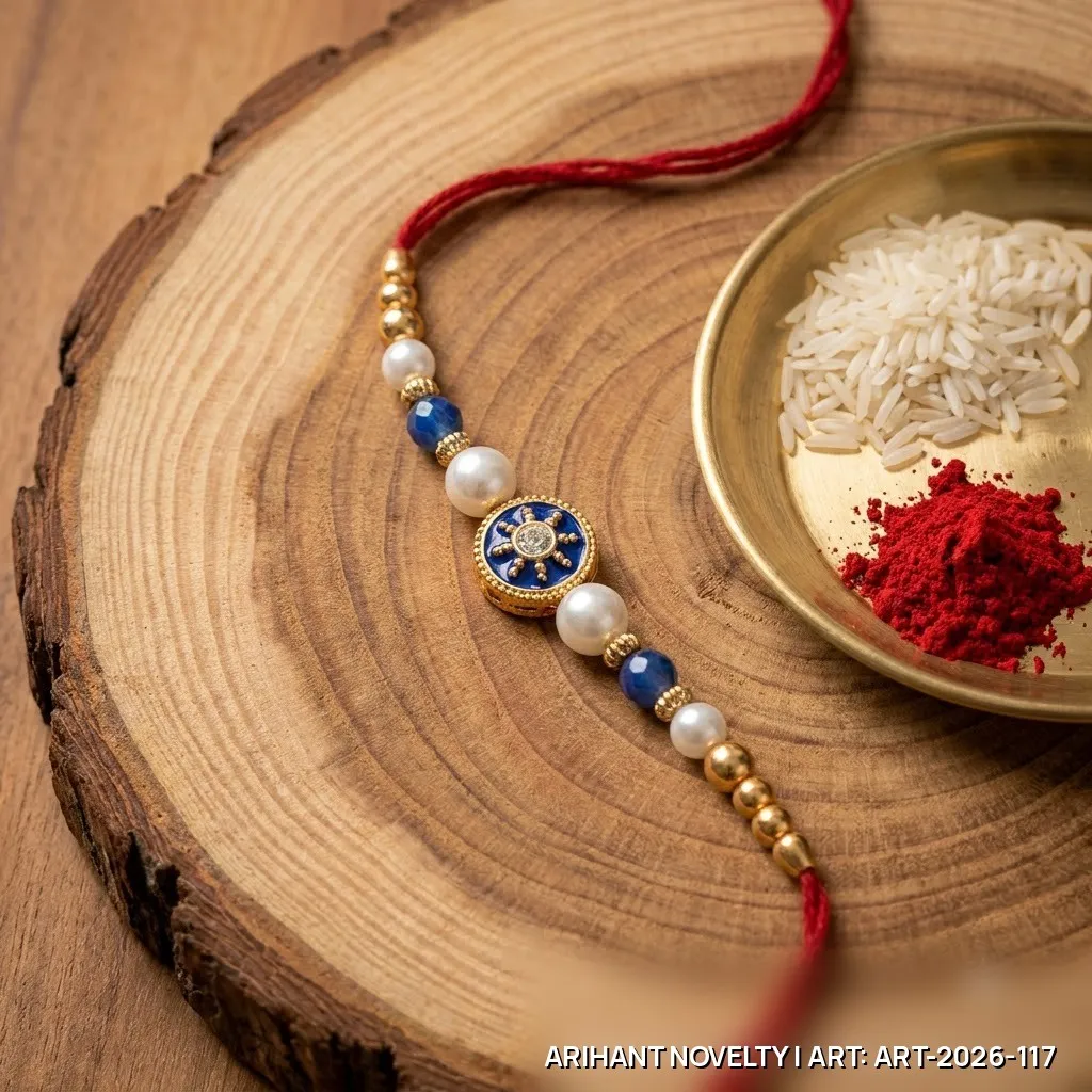 Blue Meenakari Sunburst Pearl Rakhi – handmade Meenakari rakhi from Bikaner by Arihant Novelty