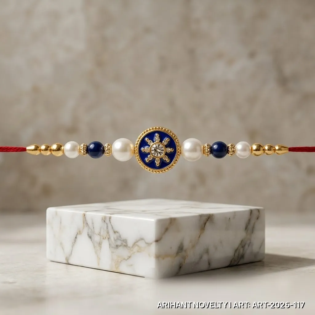 Blue Meenakari Sunburst Pearl Rakhi – handmade Meenakari rakhi from Bikaner by Arihant Novelty