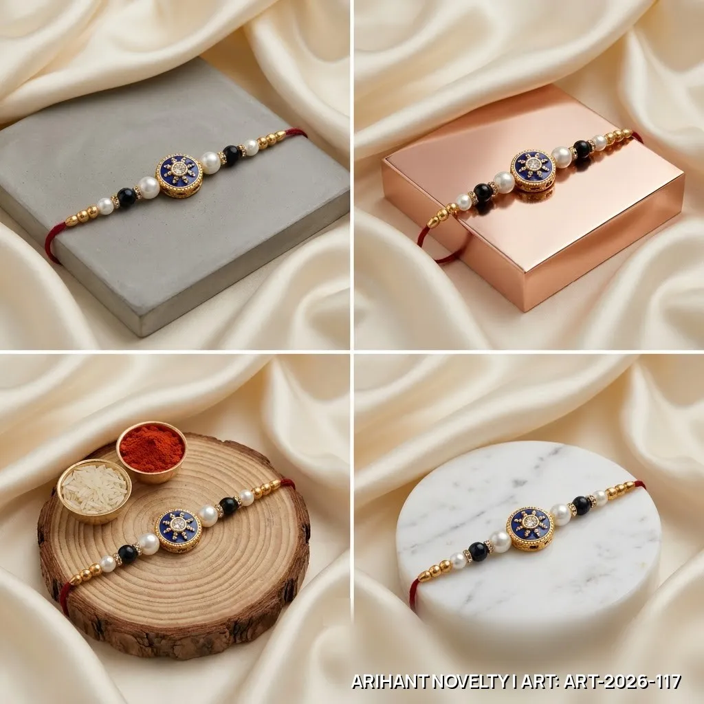 Blue Meenakari Sunburst Pearl Rakhi – handmade Meenakari rakhi from Bikaner by Arihant Novelty
