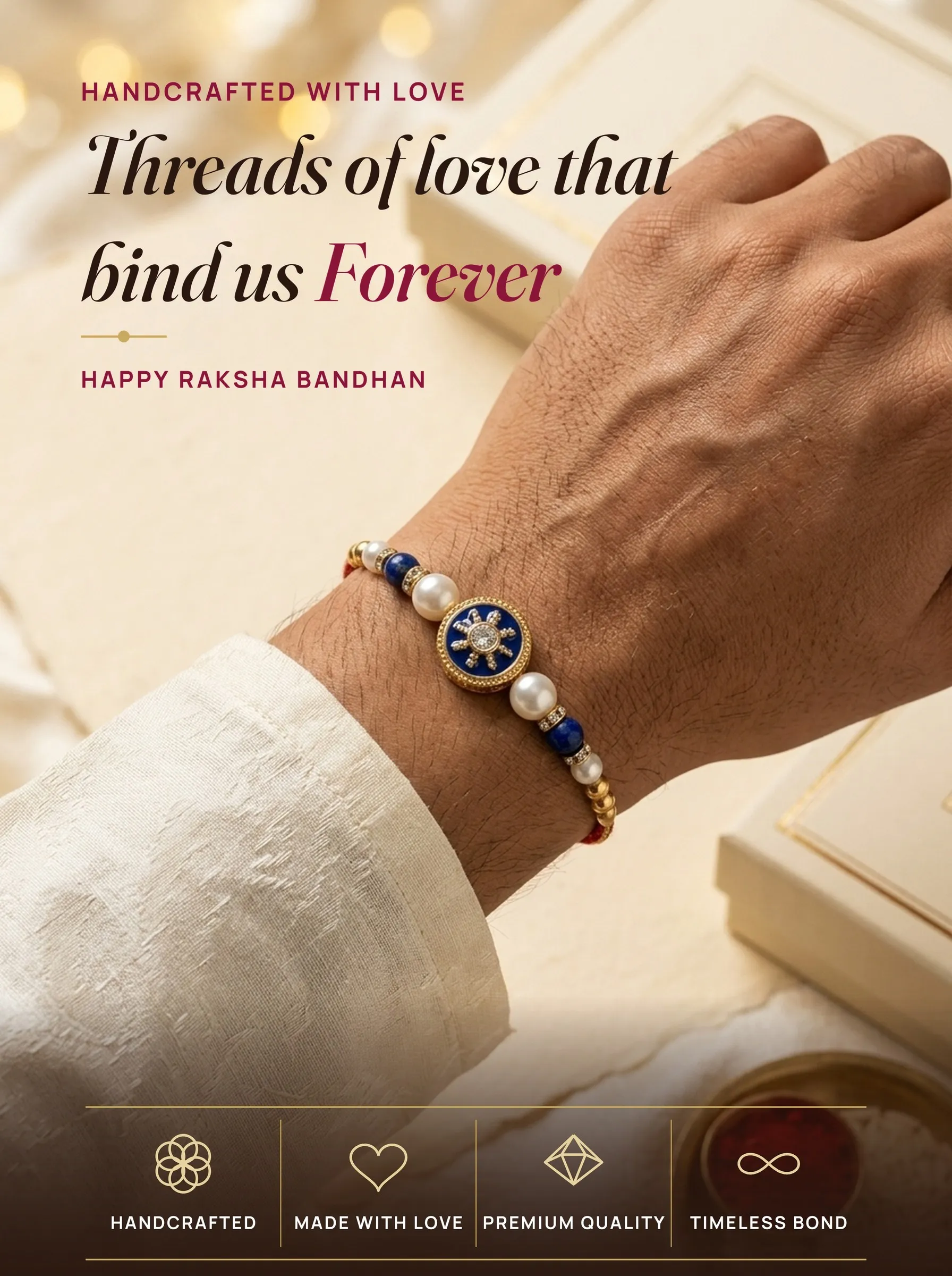 Blue Meenakari Sunburst Pearl Rakhi – handmade Meenakari rakhi from Bikaner by Arihant Novelty