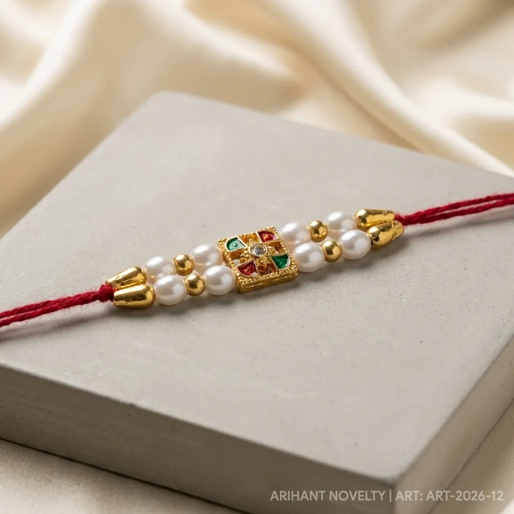 Double Pearl & Kundan Square – handmade Kundan rakhi from Bikaner by Arihant Novelty