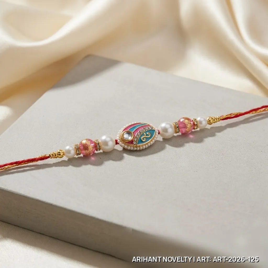 Pink-Teal Meenakari Eye Pearl Rakhi – handmade Meenakari rakhi from Bikaner by Arihant Novelty