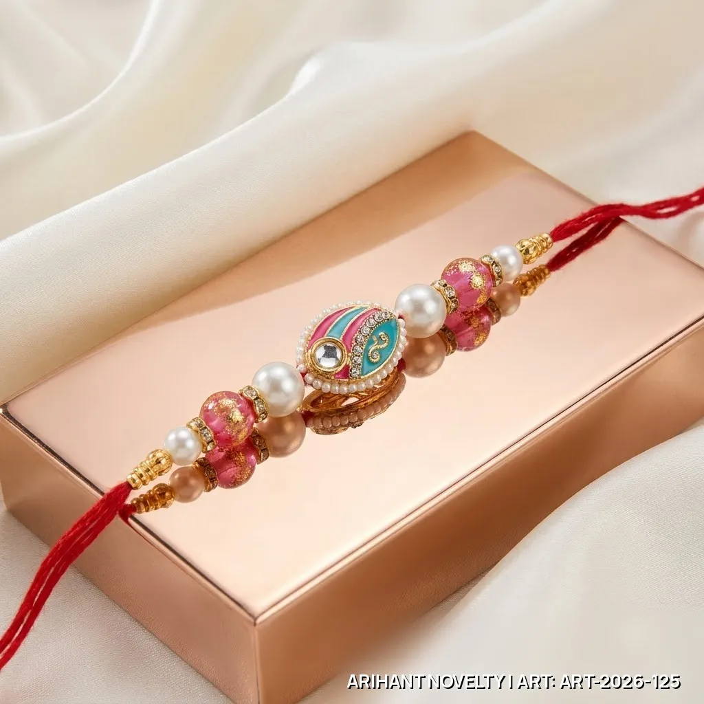 Pink-Teal Meenakari Eye Pearl Rakhi – handmade Meenakari rakhi from Bikaner by Arihant Novelty
