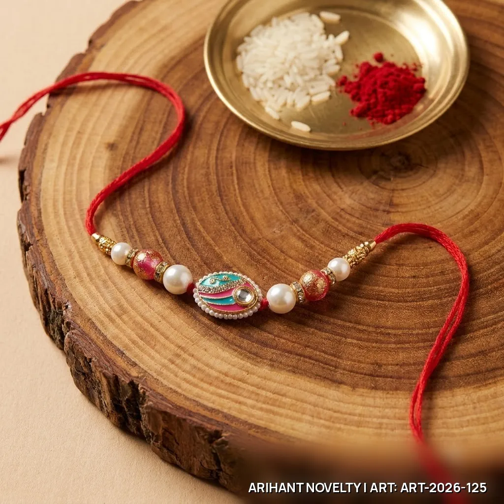 Pink-Teal Meenakari Eye Pearl Rakhi – handmade Meenakari rakhi from Bikaner by Arihant Novelty